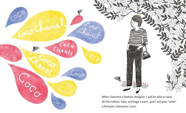 Book cover of Little Coco Chanel, with a young fashion designer sewing at a desk. Published by White Star.