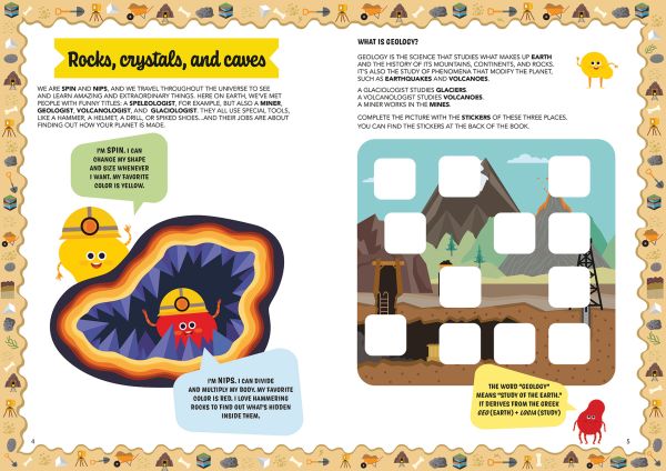 Book cover of Geology, Mad for Science, with an erupting volcano, ice mountain, and yellow digger. Published by White Star.