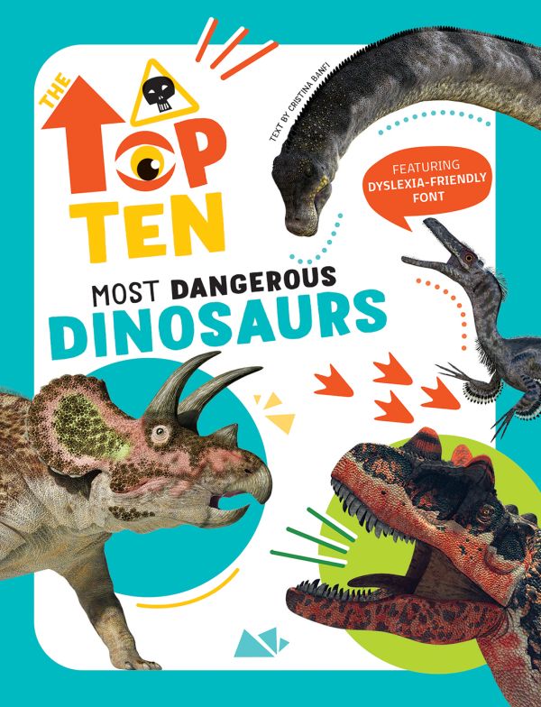 Book cover of The Top Ten: Most Dangerous Dinosaurs, with a triceratops and a brachiosaurus. Published by White Star.