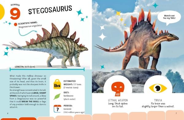 Book cover of The Top Ten: Most Dangerous Dinosaurs, with a triceratops and a brachiosaurus. Published by White Star.