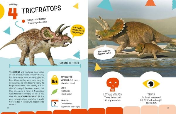 Book cover of The Top Ten: Most Dangerous Dinosaurs, with a triceratops and a brachiosaurus. Published by White Star.