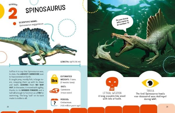 Book cover of The Top Ten: Most Dangerous Dinosaurs, with a triceratops and a brachiosaurus. Published by White Star.