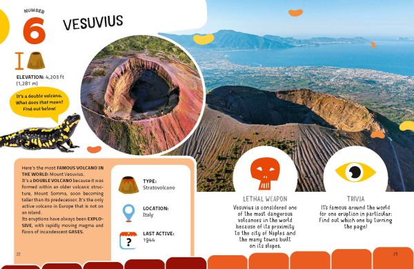 Book cover of The Top Ten: Most Dangerous Volcanoes, with an erupting volcano spewing out orange lava. Published by White Star.