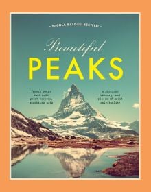 Mountainous peak covered in snow, lake below, on cover 'Beautiful Peaks, Famous peaks that hold great records, mountains with glorious history and places of great spirituality', by White Star.