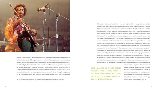 Book cover of The Great History of ROCK MUSIC, From Elvis Presley to the Present Day, with an electric guitar with wings. Published by White Star.