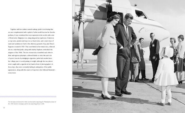 Book cover of Jackie, Life and Style of Jaqueline Kennedy Onassis, with the Former First Lady of the United State wearing a checked dress, sitting on cushioned recliner. Published by White Star.