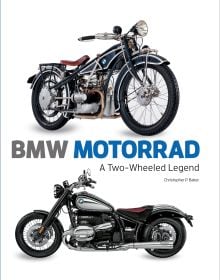 Book cover of BMW Motorrad, A Two-wheeled Legend, with a 1938 BMW 494cc, and 2021 BMW R1250GS. Published by White Star.