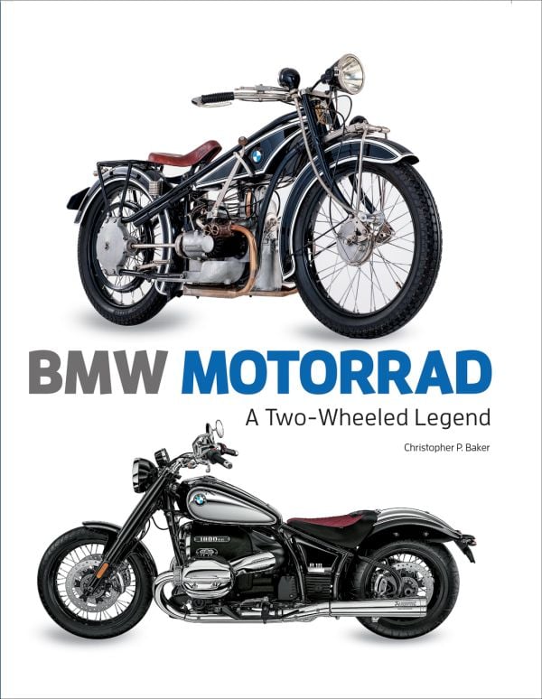 Book cover of BMW Motorrad, A Two-wheeled Legend, with a 1938 BMW 494cc, and 2021 BMW R1250GS. Published by White Star.