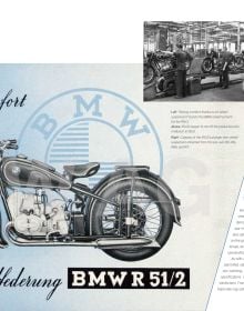 Book cover of BMW Motorrad, A Two-wheeled Legend, with a 1938 BMW 494cc, and 2021 BMW R1250GS. Published by White Star.