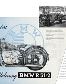 1938 BMW 494cc, and 2021 BMW R1250GS, on cover of 'BMW Motorrad, A Two-wheeled Legend', by White Star.