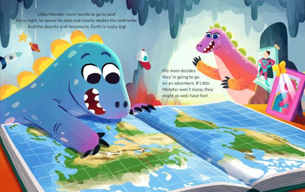 Book cover of Little Monster Around the World, with a blue dinosaur with yellow spines running across the earth. Published by White Star.