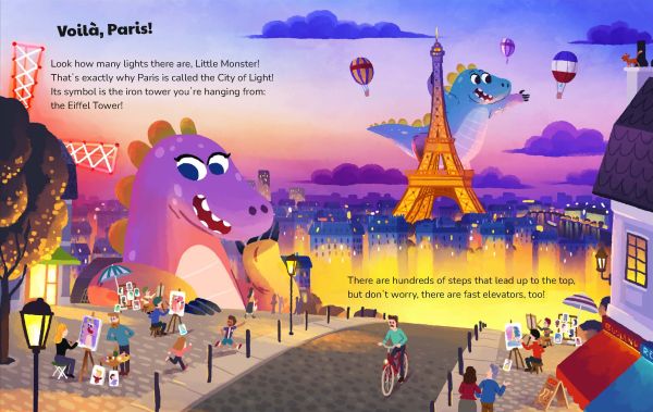 Book cover of Little Monster Around the World, with a blue dinosaur with yellow spines running across the earth. Published by White Star.