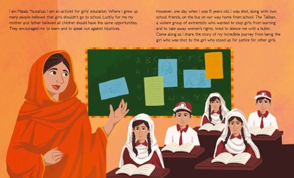Book cover of Malala Yousafzai from the Genius series, with young girl in green dress and pink headscarf, standing at front of classroom. Published by White Star.