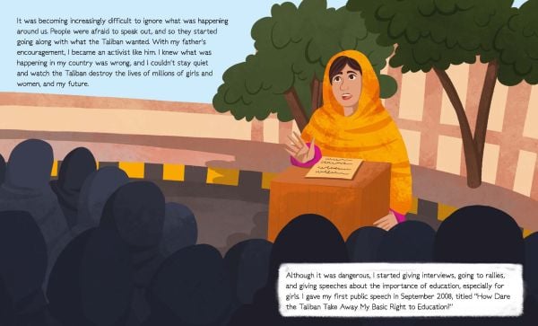 Book cover of Malala Yousafzai from the Genius series, with young girl in green dress and pink headscarf, standing at front of classroom. Published by White Star.
