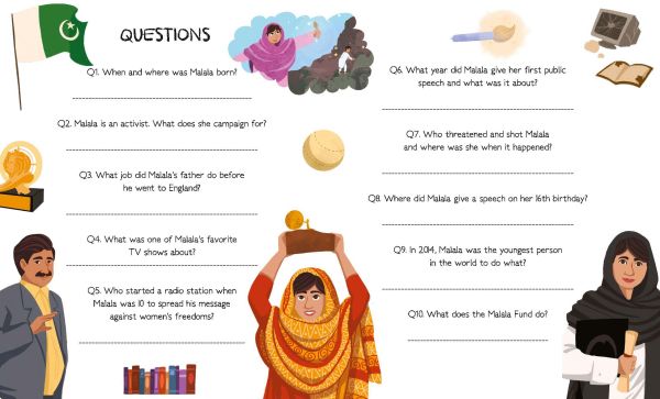 Book cover of Malala Yousafzai from the Genius series, with young girl in green dress and pink headscarf, standing at front of classroom. Published by White Star.