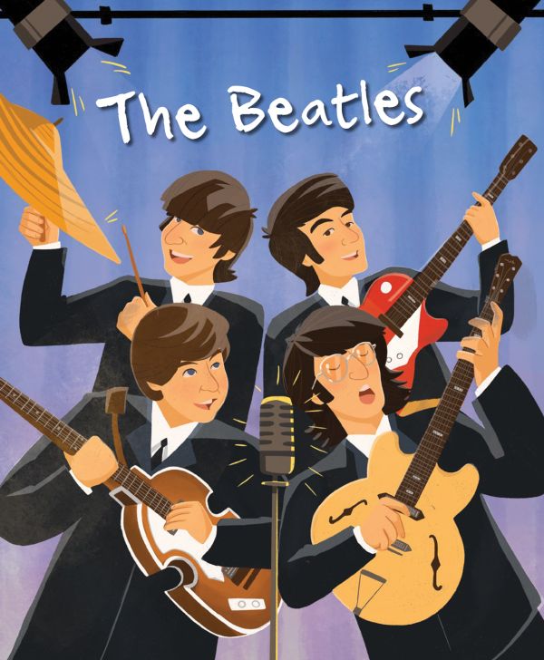 Book cover of The Beatles, Genius, with Ringo, George, Paul and John, playing on stage. Published by White Star.