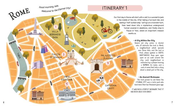 Book cover of Around Rome, Young Explorers, with Roman Acropolis and Italian landscape in front. Published by White Star.