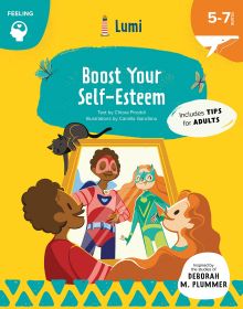 Two playful children looking through mirror, on yellow activity book cover of 'Boost Your Self-Esteem', by White Star.