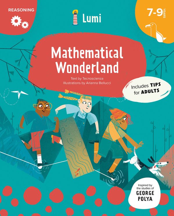 Book cover of The Mathematical Wonderland, with three children running behind a black and white dog. Published by White Star.