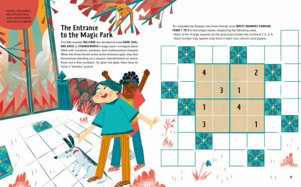 Book cover of The Mathematical Wonderland, with three children running behind a black and white dog. Published by White Star.