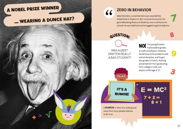 Book cover of Mythbuster, With tons of QUIZZES to test yourself against FAKE NEWS! Astronaut, with an ostrich, a yawning cat and a golden statue of Tutankhamun. Published by White Star.