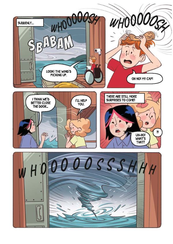 Book cover of Wild Weather: Learn with Comics, with four frightened children looking at tornado coming towards them. Published by White Star.