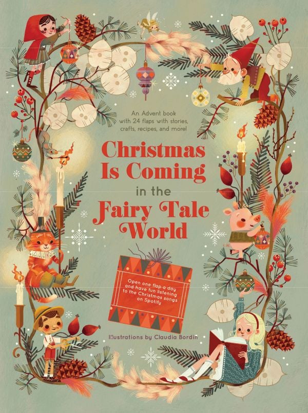 Book cover of The Fairy Tales Advent Book, 24 flaps with stories, crafts, recipes and more!, with festive tree branches with lit candles, and hanging baubles. Published by White Star.