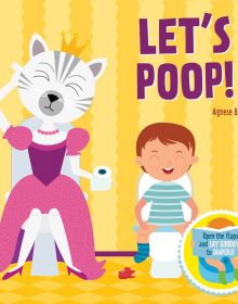 Child, and white cat wearing crown and pink dress, sitting on separate loos, on cover of 'Let's Poop! by White Star.