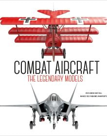 Red German Fokker Triplane and silver Lockheed Martin F-35 Lightning II, on white cover of 'Combat Aircraft, The Legendary Models', by White Star.