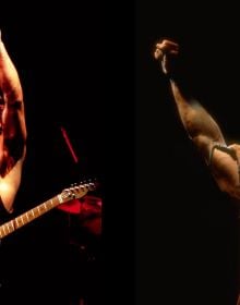 Book cover of Bruce Springsteen, 50 Years of Rock 'n' Roll, with the guitarist on stage at Brendan Byrne Arena, wearing red bandana. Published by White Star.
