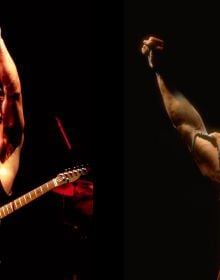 Guitarist on stage at Brendan Byrne Arena, wearing red bandana, on cover of 'Bruce Springsteen, 50 Years of Rock 'n' Roll', by White Star.