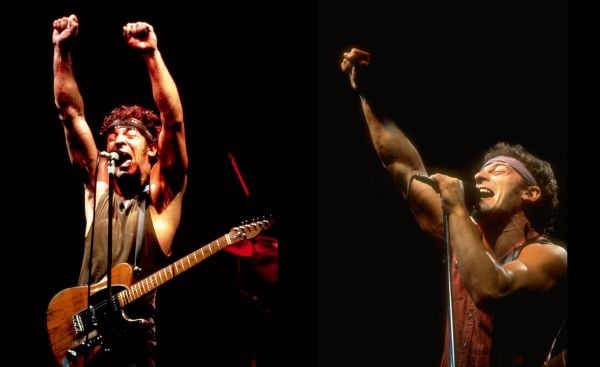 Book cover of Bruce Springsteen, 50 Years of Rock 'n' Roll, with the guitarist on stage at Brendan Byrne Arena, wearing red bandana. Published by White Star.