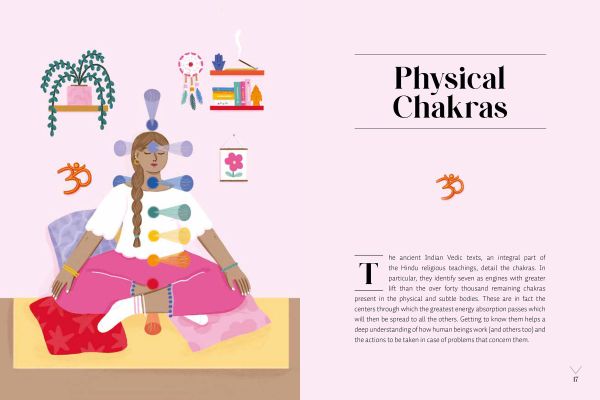 Book cover of Aura and Chakra, The Incredible Connection Between the Subtle Bodies and the Energy of the Universe, with a figure with eyes closed, sitting crossed-legged with arms out-stretched. Published by White Star.