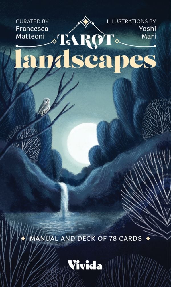Card pack cover of Tarot Landscapes, Manual and Deck of 78 Cards Blue, with a night landscape with bright moon behind, and owl perched in tree. Published White Star.