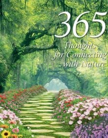 Book cover of 365 Thoughts for Connecting with Nature, with a stone pathway edged with colourful flowers, winding its way under an archway of green trees. Published by White Star.