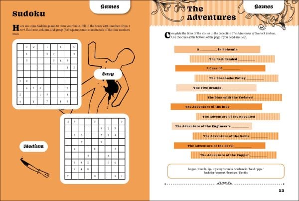 Book cover of Cartavolante's Sherlock Holmes: Puzzles, Games, and Activities for Avid Readers, with the detective smoking a pipe. Elizabeth Tower behind. Published by White Star.