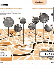 Book cover of Cartavolante's Sherlock Holmes: Puzzles, Games, and Activities for Avid Readers, with the detective smoking a pipe. Elizabeth Tower behind. Published by White Star.