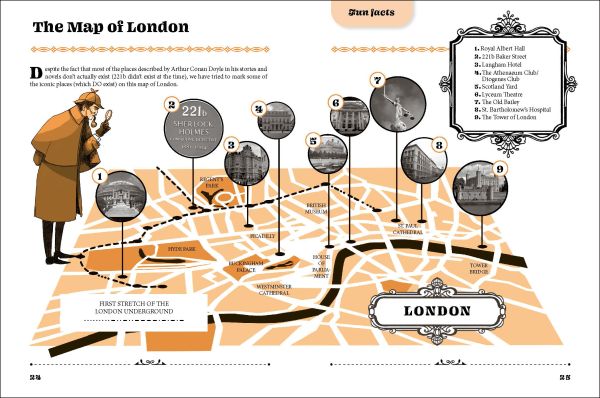 Book cover of Cartavolante's Sherlock Holmes: Puzzles, Games, and Activities for Avid Readers, with the detective smoking a pipe. Elizabeth Tower behind. Published by White Star.