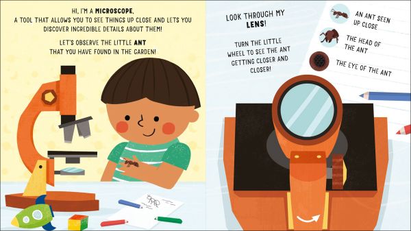 Book cover of My First Microscope: Turn the Wheel to Zoom in! with a child drawing an ant which has been enlarged under a microscope. Published by White Star.