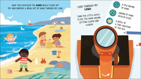 Book cover of My First Microscope: Turn the Wheel to Zoom in! with a child drawing an ant which has been enlarged under a microscope. Published by White Star.