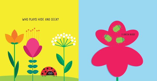 Book cover of Bugs: Flip the Felt, with ladybird and other insects peeking out of tulips and sunflowers. Published by White Star.