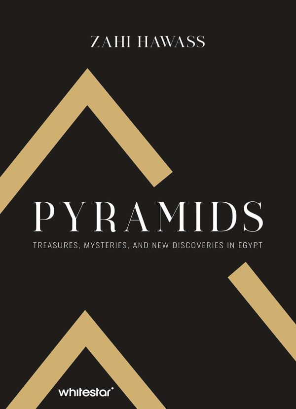 Black book cover of Pyramids: Treasures, Mysteries, and new Discoveries in Egypt, with gold pyramid shapes. Published by White Star.