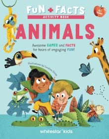 Book cover Animals: Awesome GAMES and FACTS for hours of engaging FUN! with two children sitting on a crocodile in a lake, with a giraffe, frog and toucan. Published by White Star.