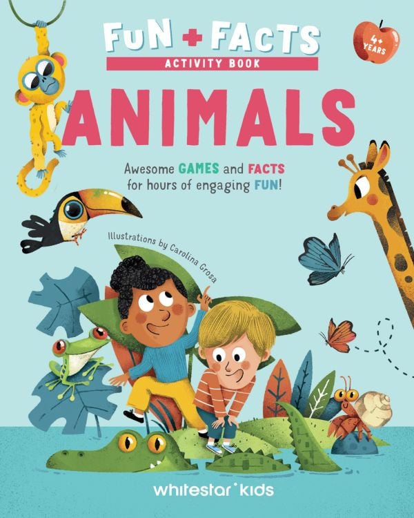 Book cover Animals: Awesome GAMES and FACTS for hours of engaging FUN! with two children sitting on a crocodile in a lake, with a giraffe, frog and toucan. Published by White Star.