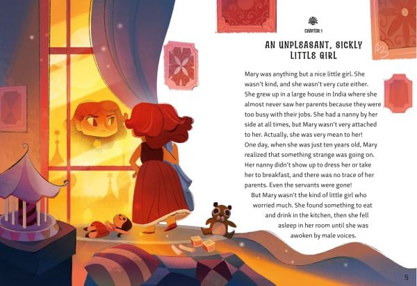 Book cover of The Secret Garden: Inspired by the Masterpiece by Frances Hodgson Burnett, with main character Mary Lennox in yellow dress. Published by White Star.