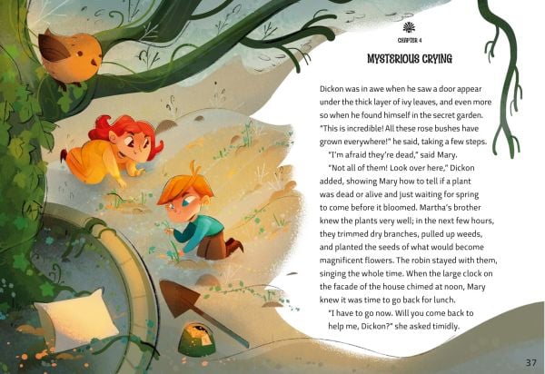 Book cover of The Secret Garden: Inspired by the Masterpiece by Frances Hodgson Burnett, with main character Mary Lennox in yellow dress. Published by White Star.