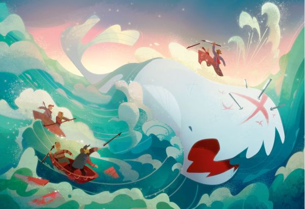 Book cover of Moby Dick: Inspired by the Masterpiece by Herman Melville, with a man rowing a small boat in a rough sea. Published by White Star.