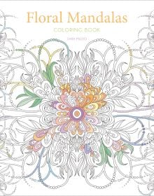 White book cover of Floral Mandalas, Coloring book, featuring an intricate drawing of flower pattern, which has been half coloured in. Published by White Star.