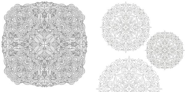 White book cover of Floral Mandalas, Coloring book, featuring an intricate drawing of flower pattern, which has been half coloured in. Published by White Star.