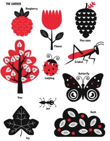 White board book cover of Good Morning World, High Contrast Book, with a black rabbit, red parrot and red and black scooter. Published by White Star.
